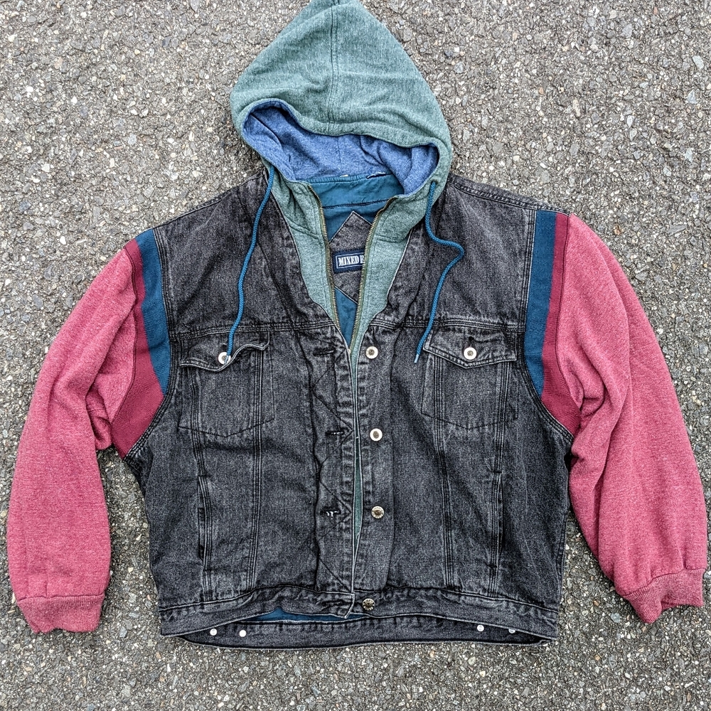 Vintage 1990s Black Denim Vest Color Block Hoodie Sweatshirt Jacket Large Retro